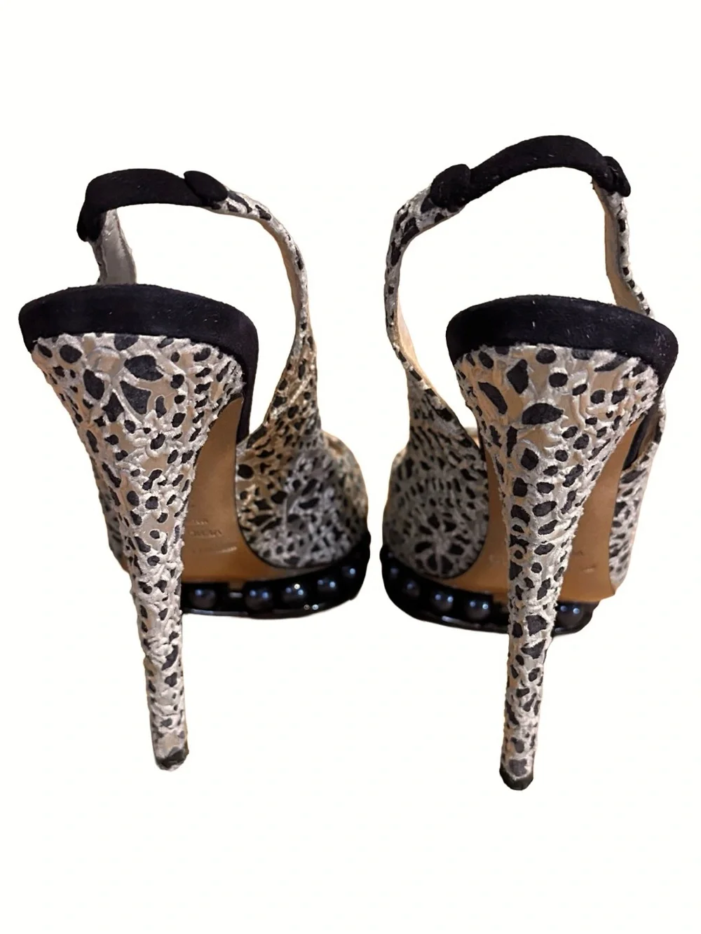 NICHOLAS KIRKWOOD BLACK & TAUPE ANIMAL PRINT SLINGBACK PLATFORM HEELS (36.5)